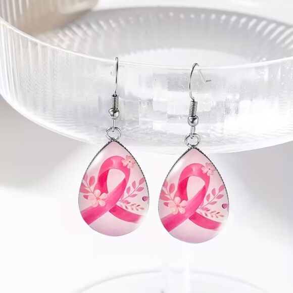 Handmade Breast Cancer Pink Ribbon Drop Earrings Teardrop Dangle Glass Lightwght - Picture 1 of 3